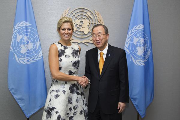 Queen Máxima meets Secretary-General Ban Ki-moon to present her annual report of activities as UNSGSA during the UN General Assembly in New York. (September 2013)